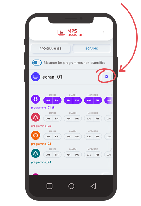 le bouton 'roue crantée' sur la page de vos écrans